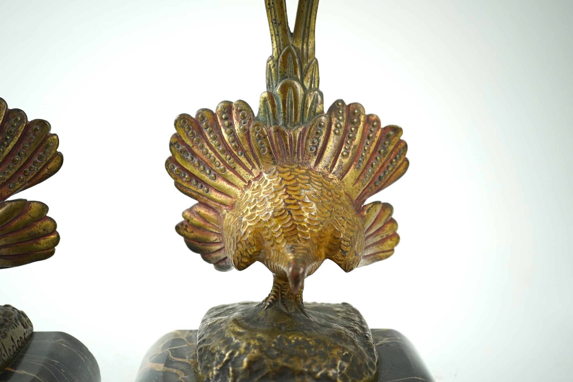 A pair of bronze peacock bookends, with remains of coloured pigments, marble plinths, signed R. Leclerc, 20cm